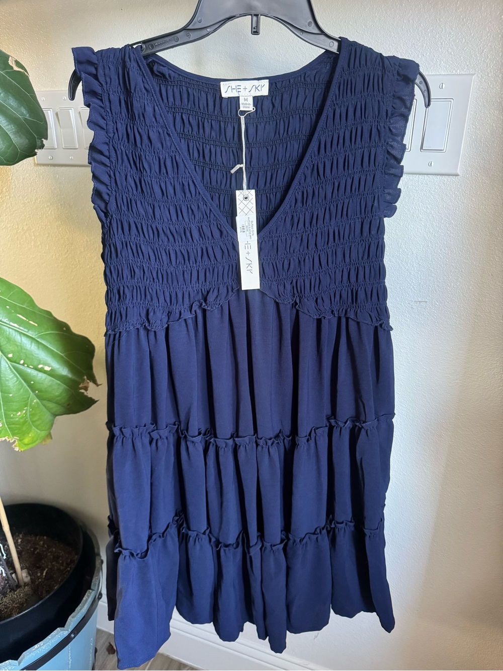 She + Sky Navy Smocked Tiered V-Neck Mini Dress
